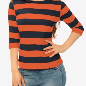 Striped 3/4 Sleeve Casual Basic Boat Neck T-shirt Orange Navy/XL - Allegra K catalog