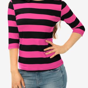Striped 3/4 Sleeve Casual Basic Boat Neck T-shirt Fuchsia Black/XL - Allegra K catalog