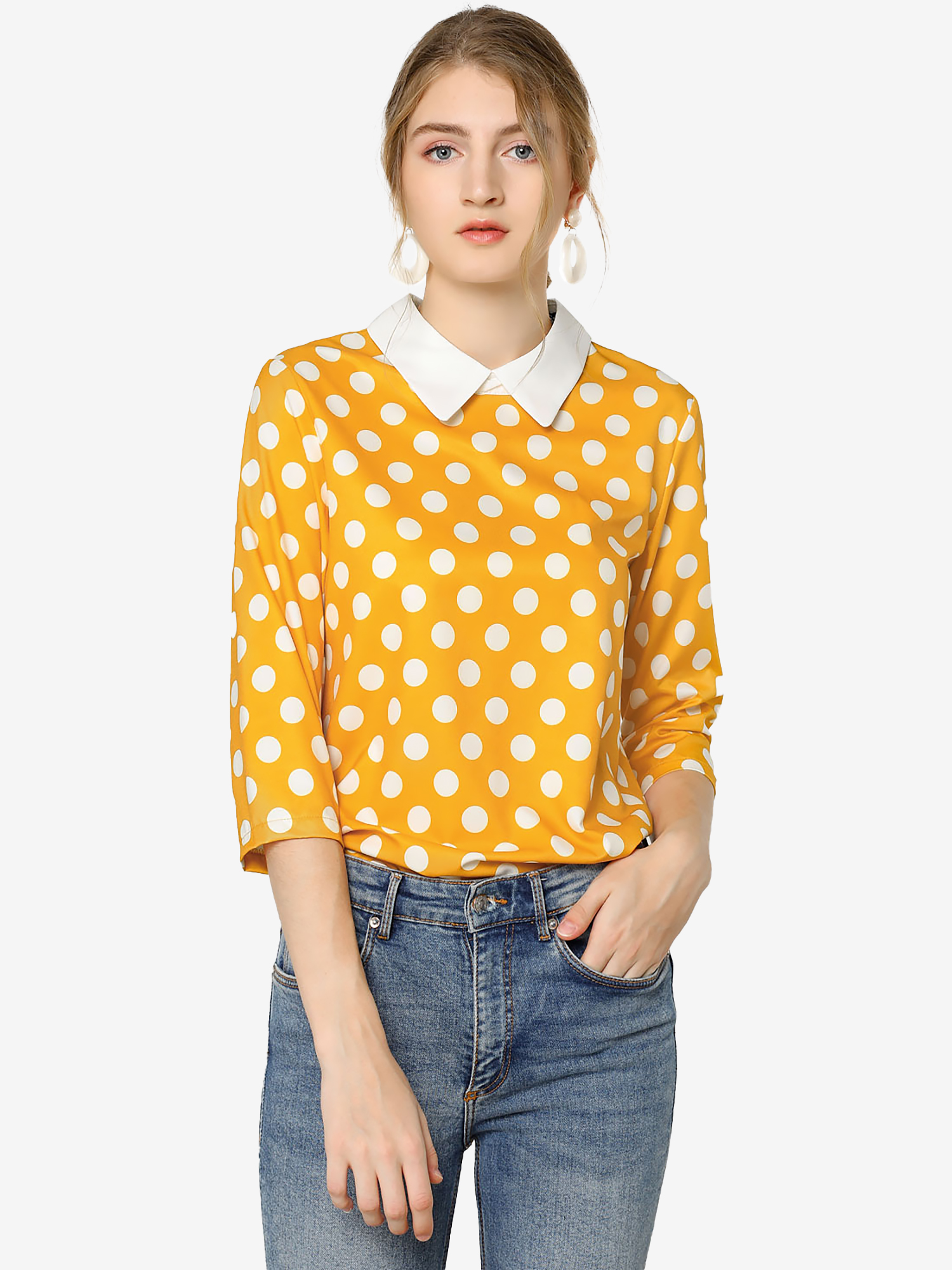 Polka Dots Contrast Peter Pan Collar Top 3/4 Sleeve Blouse Shirt Yellow/M - Allegra K catalog