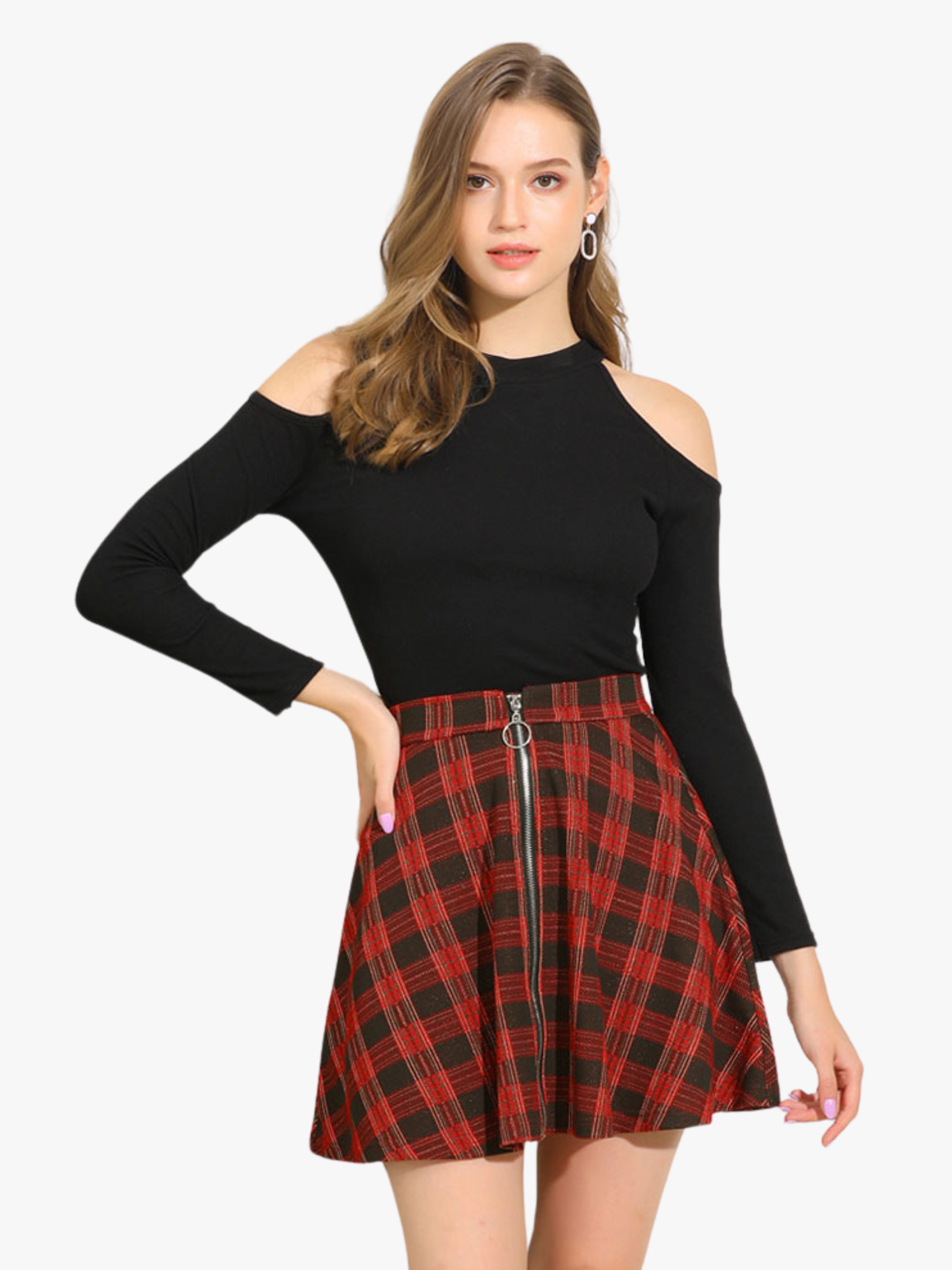 Christmas Plaid Skater Casual Flare Zip-Up Mini Skirt Red/XS - Allegra K catalog