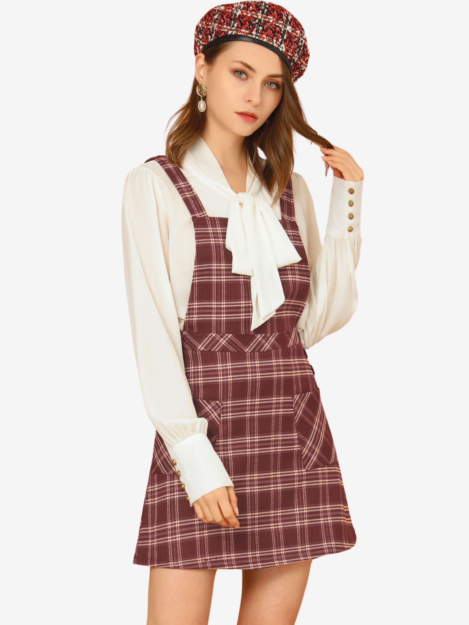 Plaid Tartan Button Decor A-Line Pinafore Overall Dress Burgundy/L - Allegra K catalog