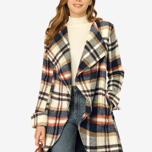 Belted Wrap Outerwear Shawl Collar Asymmetric Hem Plaid Coat Brown Blue/XL - Allegra K catalog