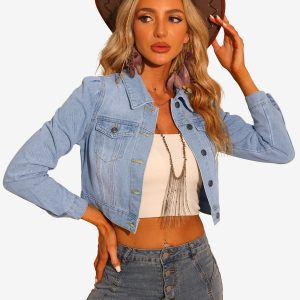 Lightweight Button Down Puff Sleeve Cropped Denim Jacket Light Blue/XL - Allegra K catalog