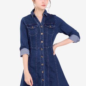 Button Down Collar V Neck Long Sleeve A-line Jean Denim Dress Deep Blue/M - Allegra K catalog