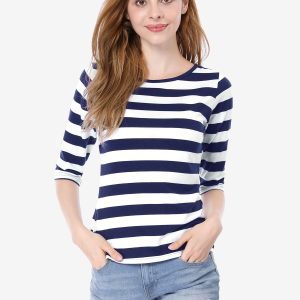 Striped 3/4 Sleeve Round Neck Casual T-Shirt White Dark Blue/2XL - Allegra K catalog