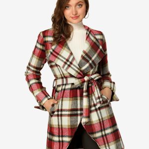 Belted Wrap Outerwear Shawl Collar Asymmetric Hem Plaid Coat Red White/M - Allegra K catalog