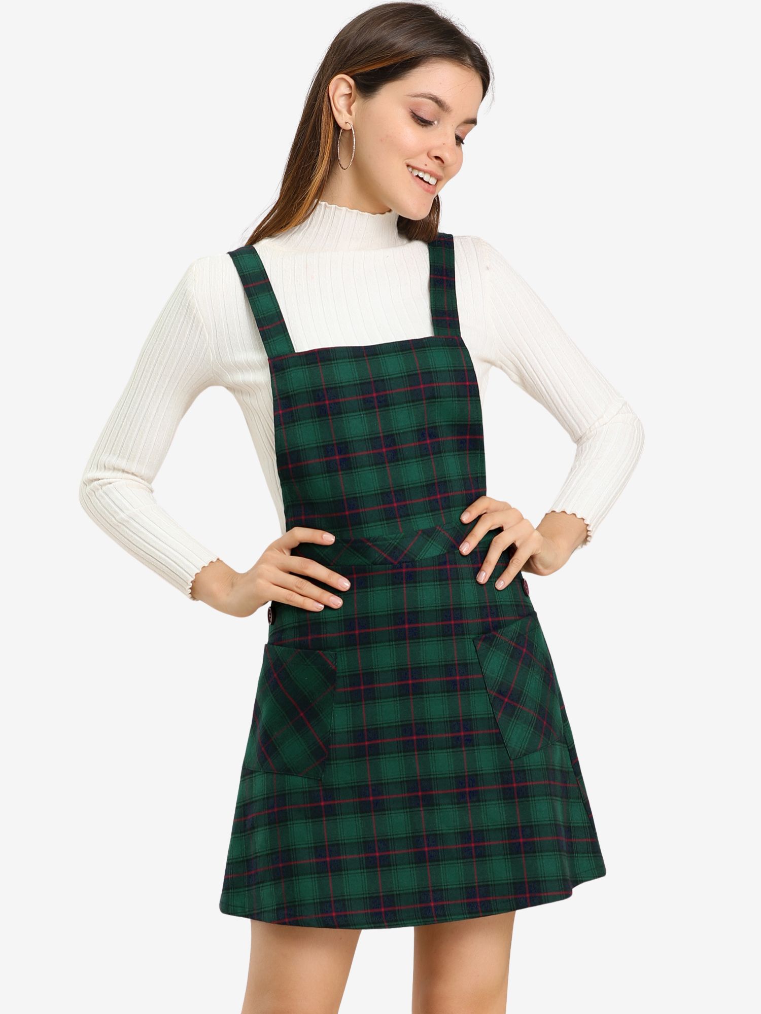 Plaid Tartan Button Decor A-Line Pinafore Overall Dress Green/XS - Allegra K catalog