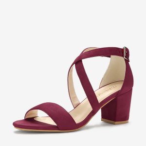 Faux Suede Crisscross Ankle Strap Block Heel Sandals Burgundy/6 - Allegra K catalog