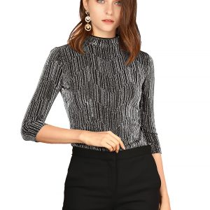 Party Glitter 3/4 Sleeve Shiny Striped Metallic Tops Silver Black/S - Allegra K catalog
