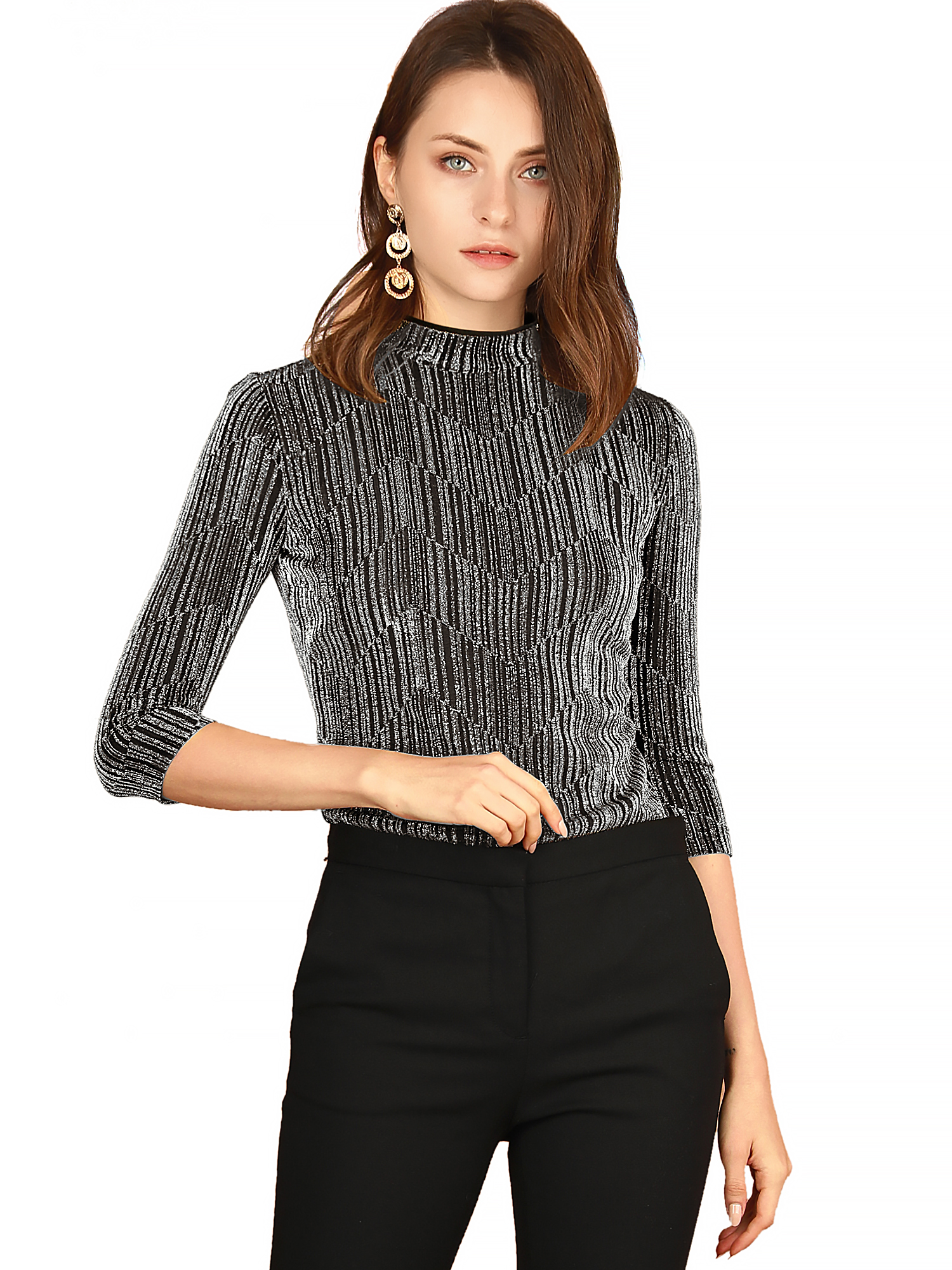 Party Glitter 3/4 Sleeve Shiny Striped Metallic Tops Silver Black/M - Allegra K catalog