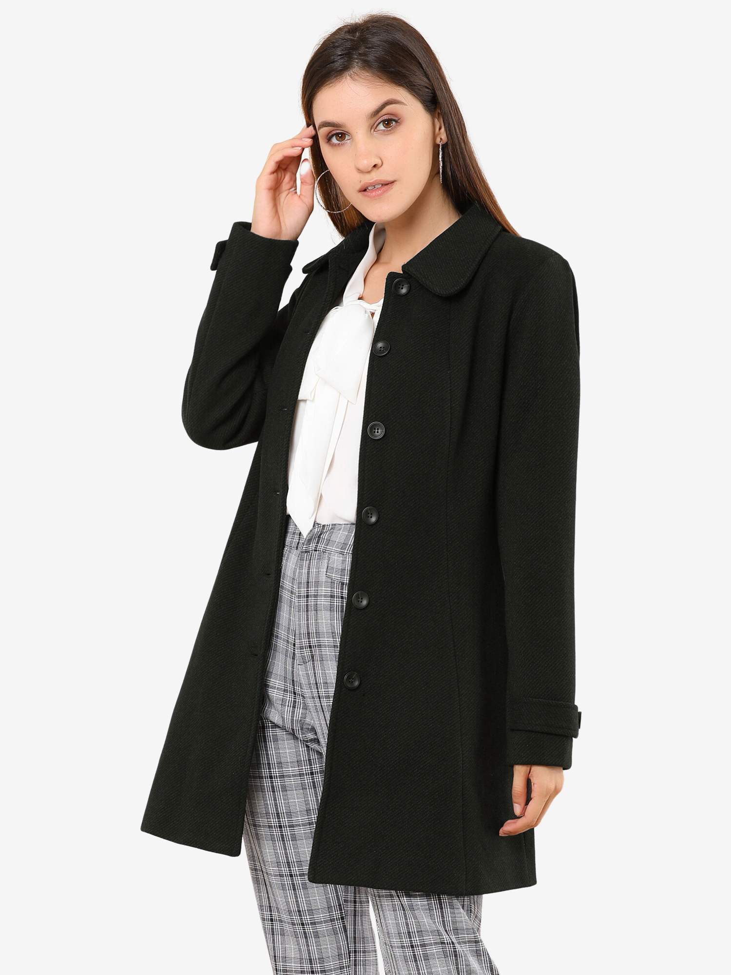 Peter Pan Collar Single Breasted Overcoat Winter Pea Coat Black/XS - Allegra K catalog