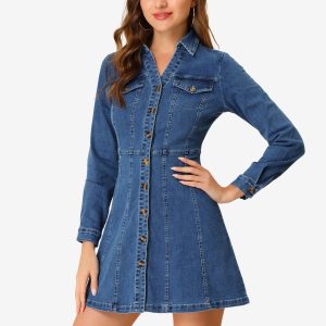 Button Down Collar V Neck Long Sleeve A-line Jean Denim Dress Blue/XL - Allegra K catalog