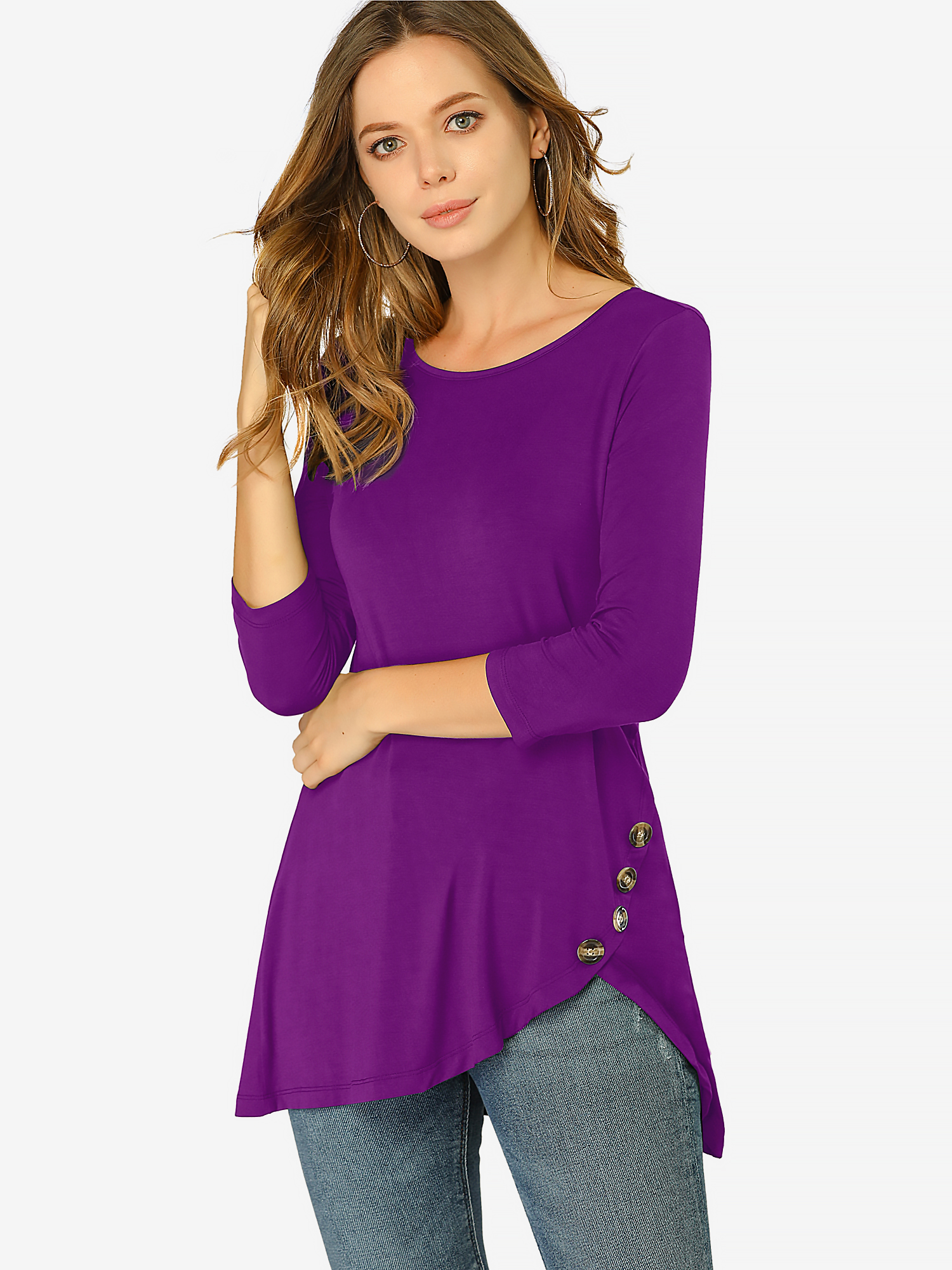 3/4 Sleeve Round Neck Button Decor Casual Stretchy Tunic Tops Purple/S - Allegra K catalog