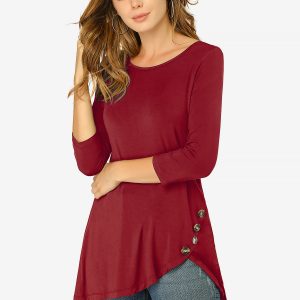 3/4 Sleeve Round Neck Button Decor Casual Stretchy Tunic Tops Burgundy/M - Allegra K catalog