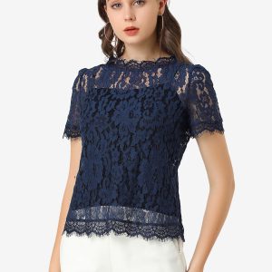 Lace Floral Scalloped Trim Short Sleeve Semi Sheer Blouse Navy Blue/L - Allegra K catalog