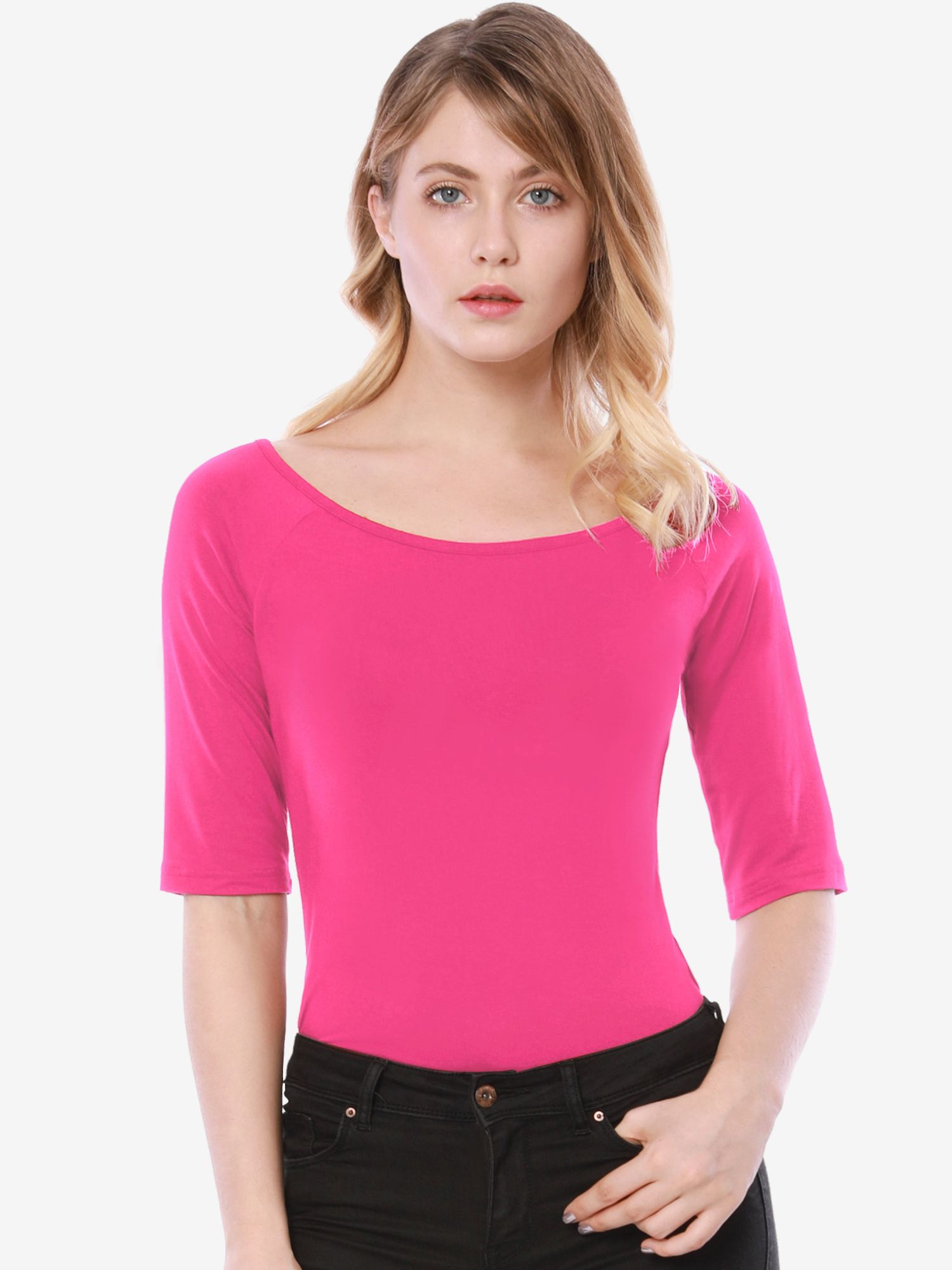 Scoop Neck Half Sleeves Fitted Layering Soft T-Shirt Hot Pink/M - Allegra K catalog