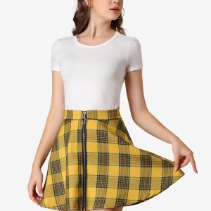 Christmas Plaid Skater Casual Flare Zip-Up Mini Skirt Yellow/XL - Allegra K catalog