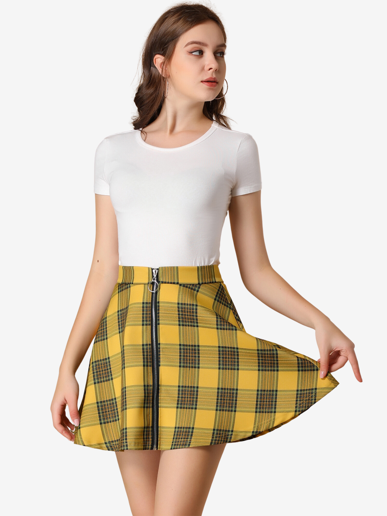 Christmas Plaid Skater Casual Flare Zip-Up Mini Skirt Yellow/XL - Allegra K catalog