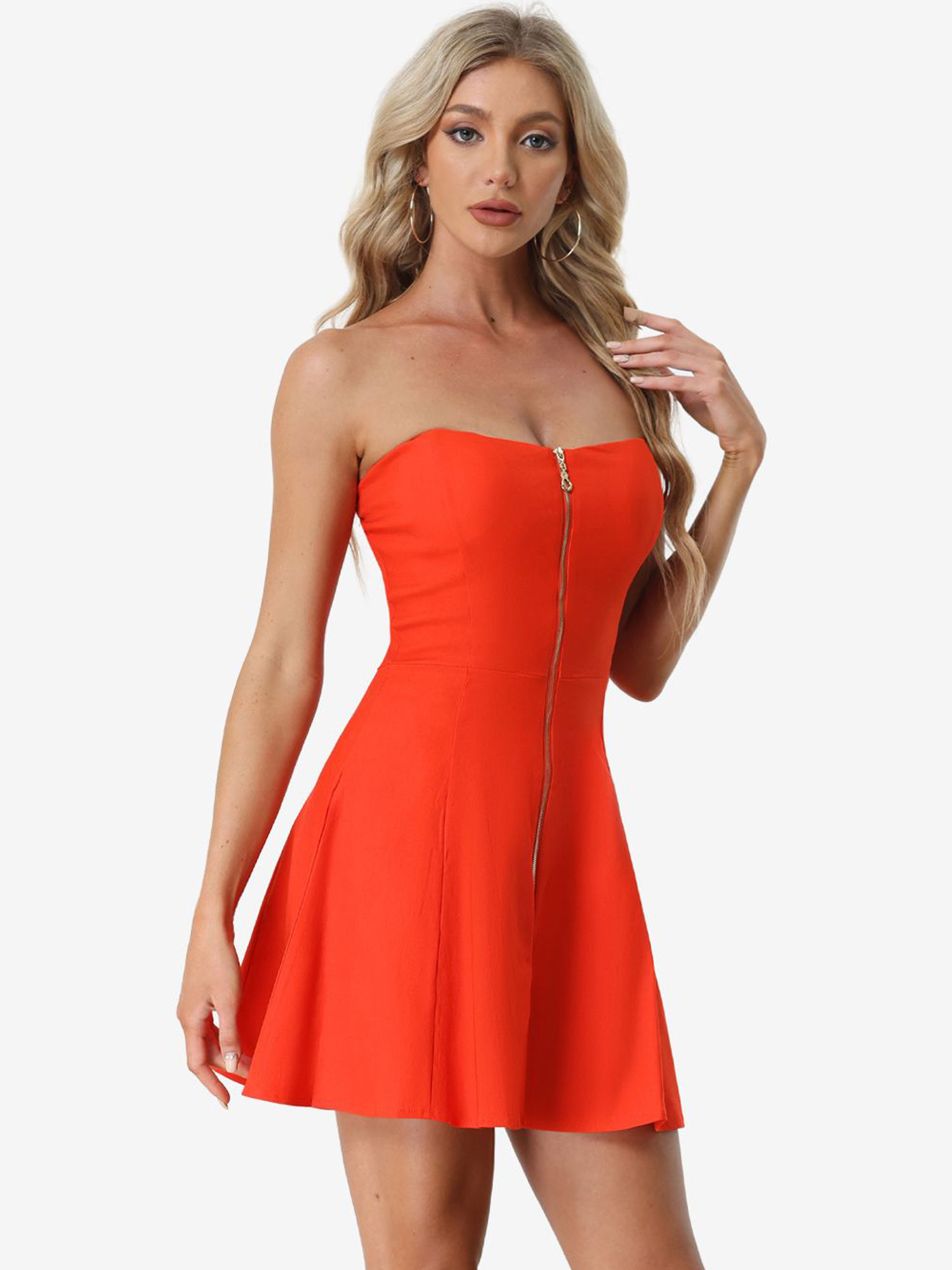 Zip Up Sexy Strapless Party Club Mini Bodycon Dress Orange/M - Allegra K catalog