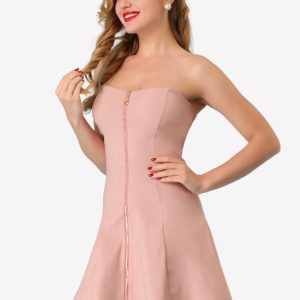 Zip Up Sexy Strapless Party Club Mini Bodycon Dress Pink/XL - Allegra K catalog