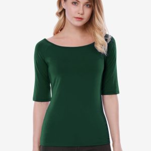 Scoop Neck Half Sleeves Fitted Layering Soft T-Shirt Olive Green/2XL - Allegra K catalog