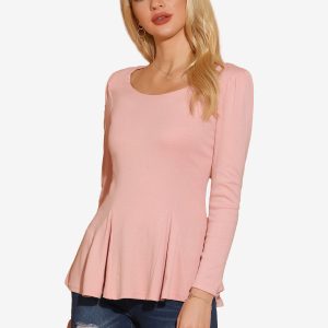 Long Sleeve Scoop Neck Casual Peplum Blouse Pink/XS - Allegra K catalog