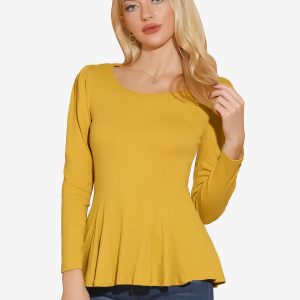 Long Sleeve Scoop Neck Casual Peplum Blouse Yellow/XS - Allegra K catalog