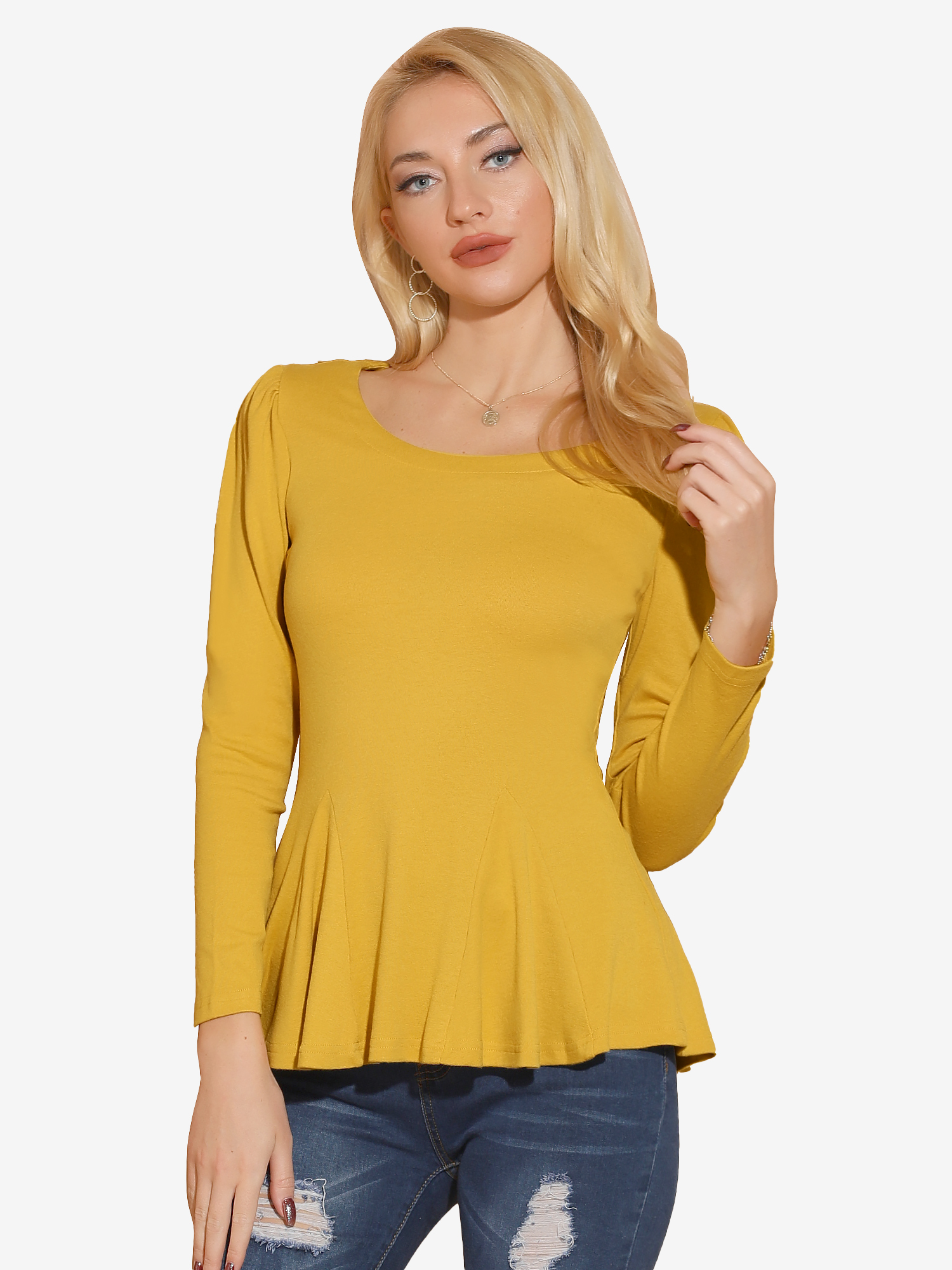 Long Sleeve Scoop Neck Casual Peplum Blouse Yellow/XS - Allegra K catalog
