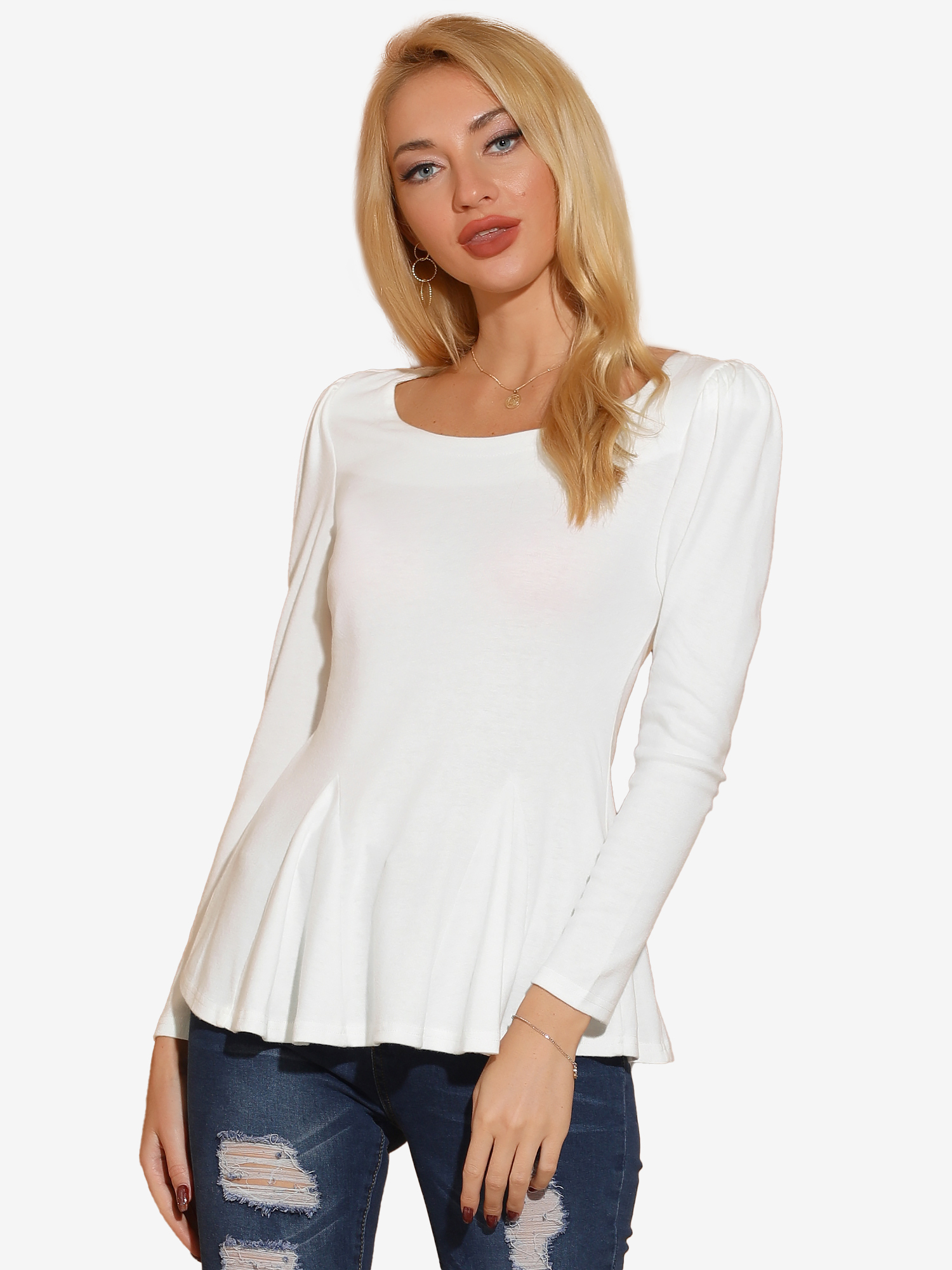 Long Sleeve Scoop Neck Casual Peplum Blouse White/S - Allegra K catalog