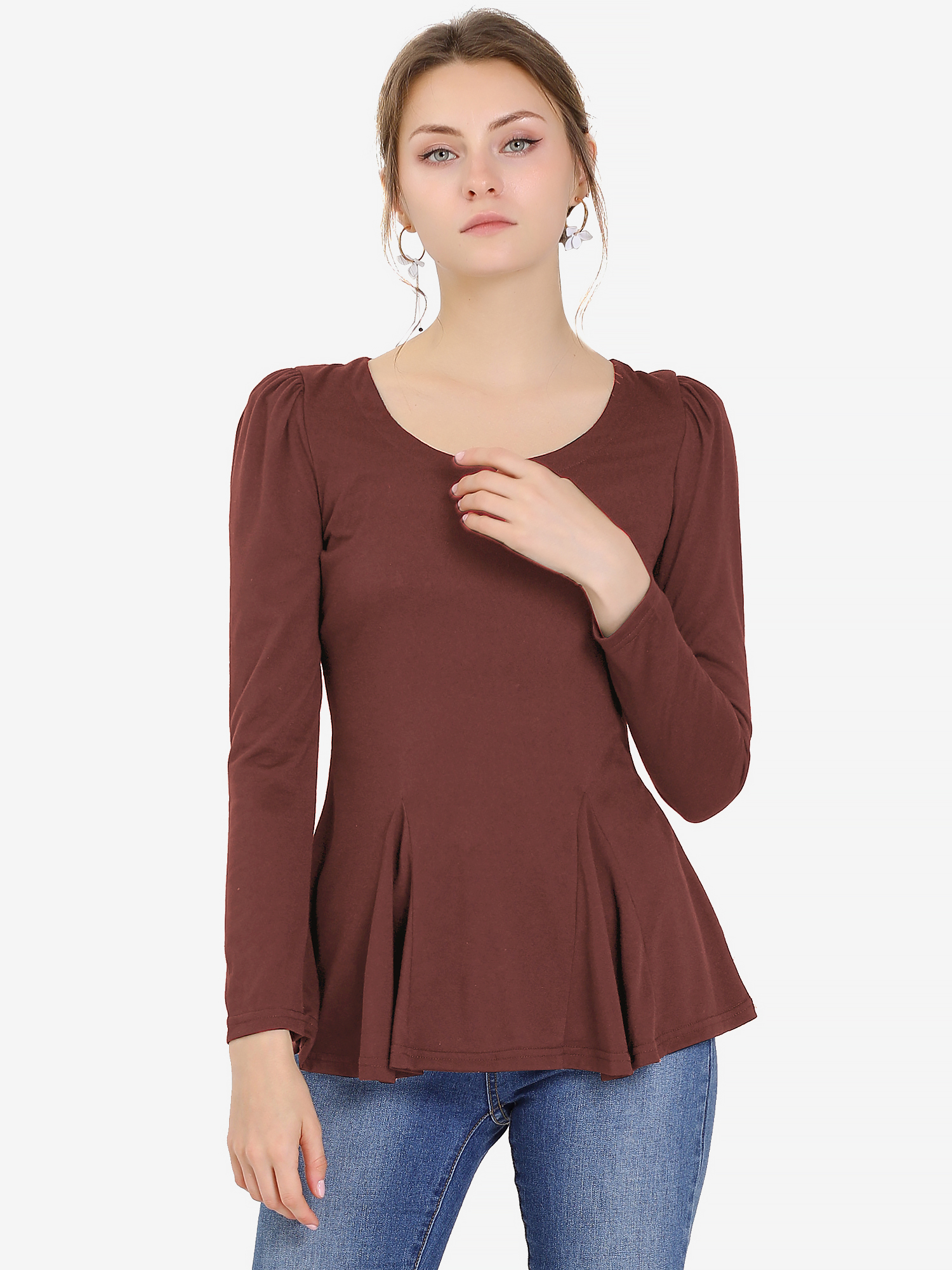 Long Sleeve Scoop Neck Casual Peplum Blouse Caramel/XS - Allegra K catalog