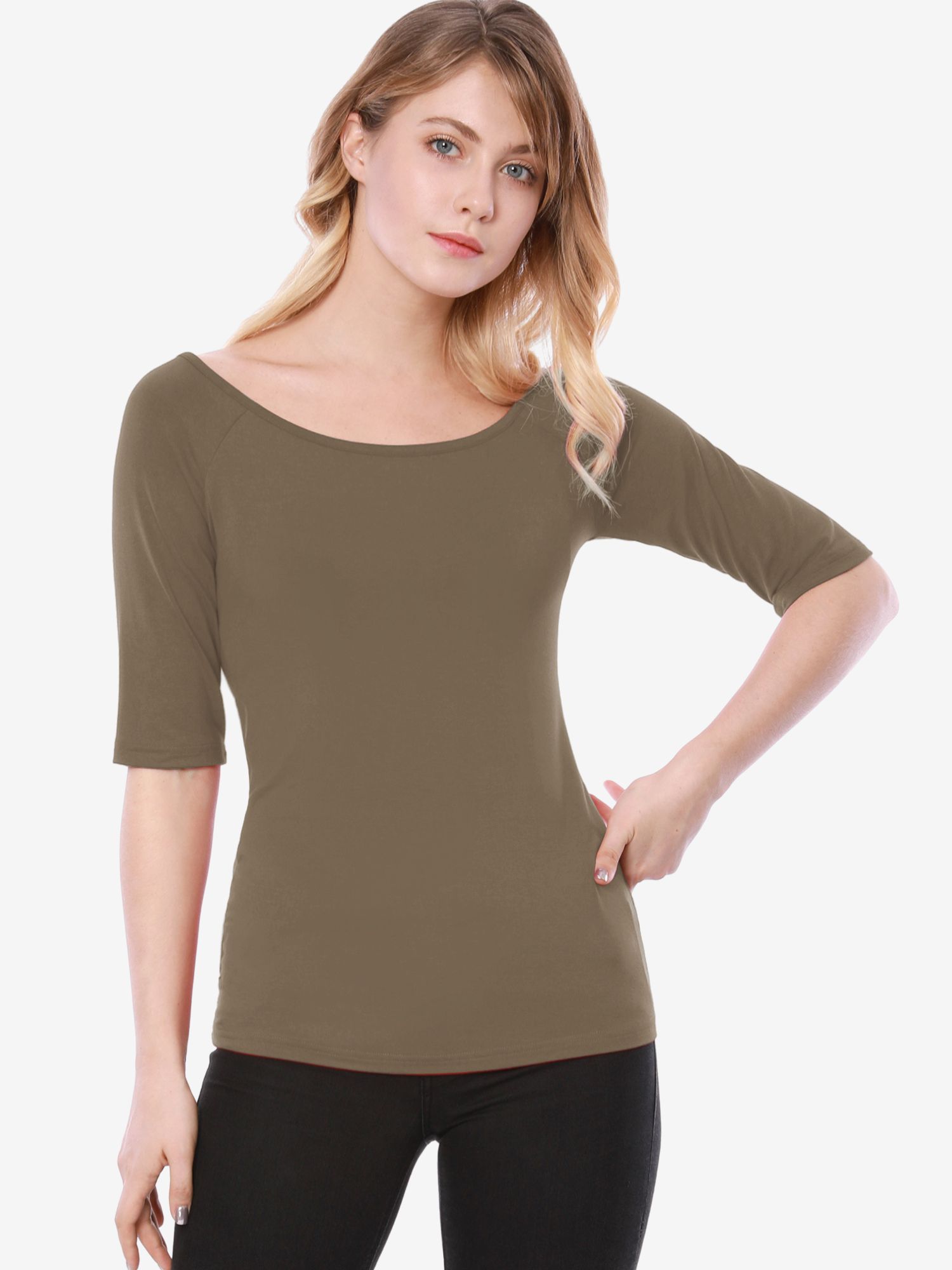 Scoop Neck Half Sleeves Fitted Layering Soft T-Shirt Dark Khaki/XS - Allegra K catalog