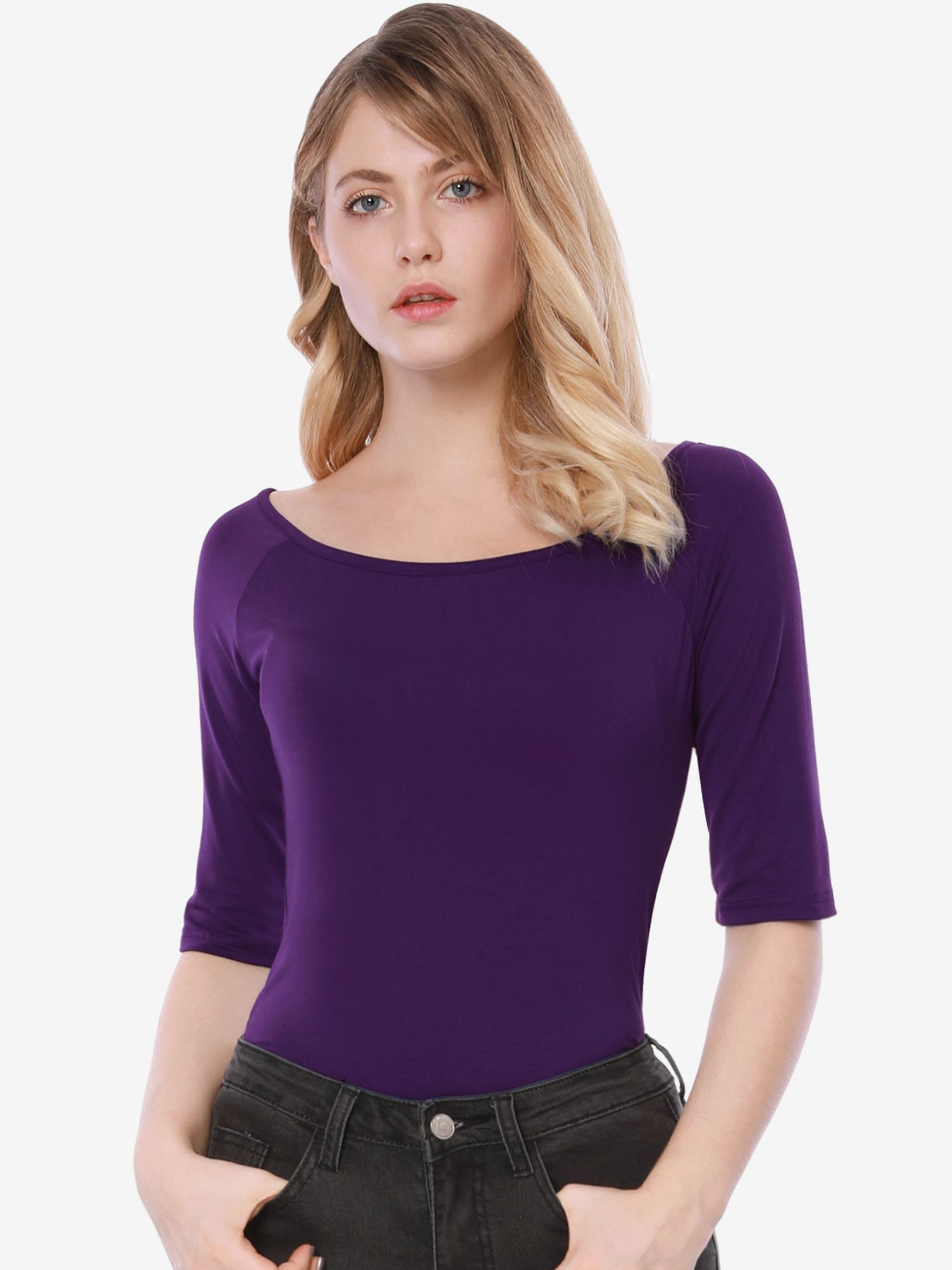 Scoop Neck Half Sleeves Fitted Layering Soft T-Shirt Dark Purple/XS - Allegra K catalog