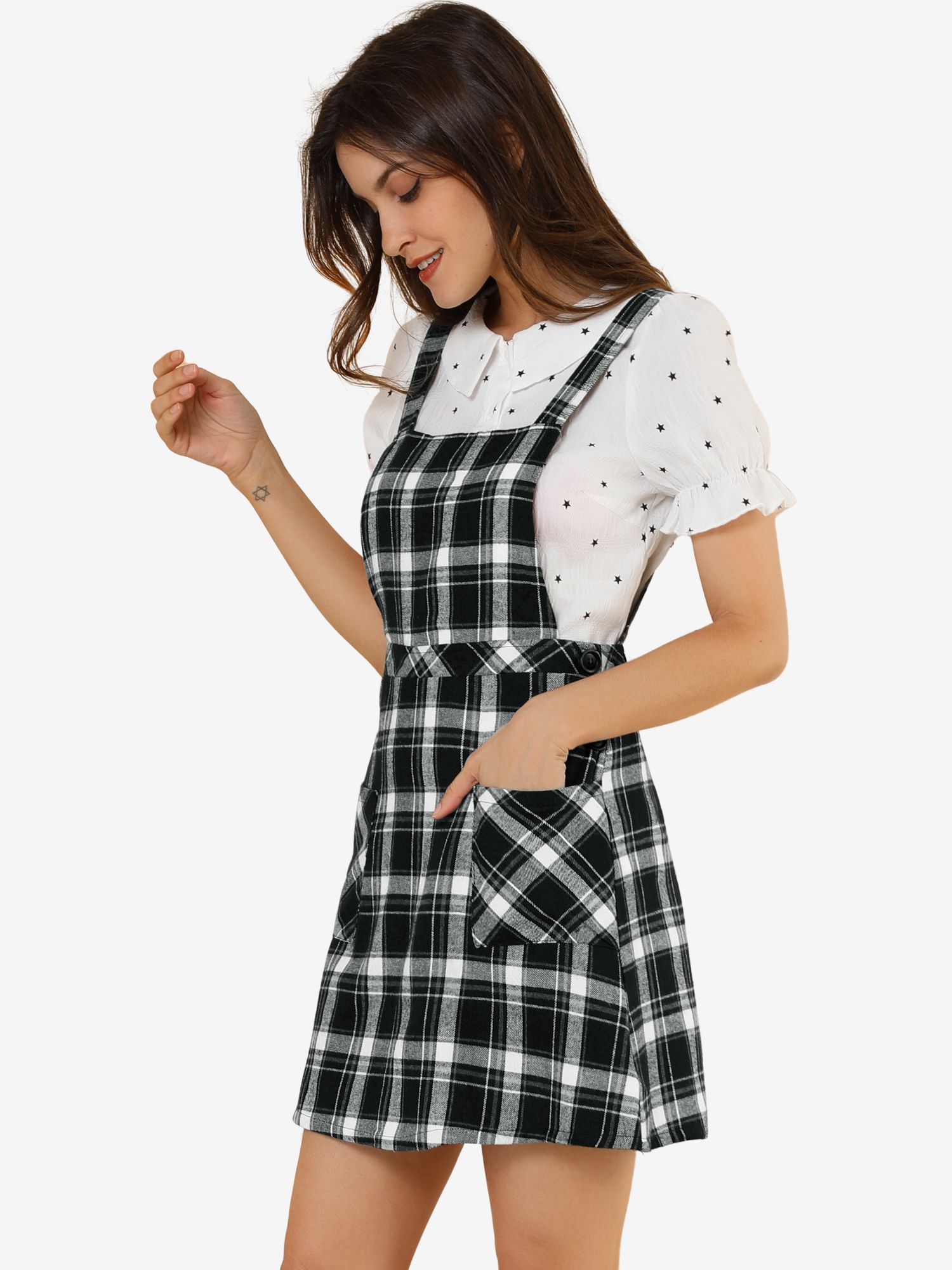Plaid Tartan Button Decor A-Line Pinafore Overall Dress Black/M - Allegra K catalog