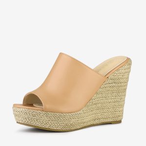 PU Leather Open Toe Espadrille Wedge Platform Mules Nude/10 - Allegra K catalog