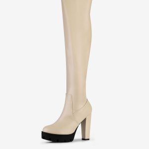 Platform Chunky Heel Over Knee High Side Zipper Boots Beige/6.5 - Allegra K catalog