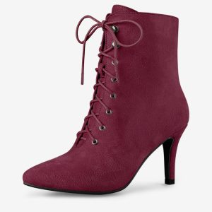 Pointy Toe Zip Lace Up Stiletto Heel Ankle Boots Burgundy/6.5 - Allegra K catalog