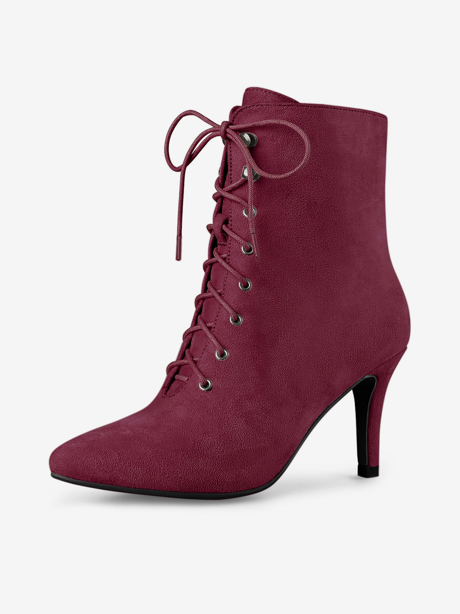 Pointy Toe Zip Lace Up Stiletto Heel Ankle Boots Burgundy/8 - Allegra K catalog