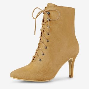 Pointy Toe Zip Lace Up Stiletto Heel Ankle Boots Camel/5.5 - Allegra K catalog
