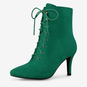 Pointy Toe Zip Lace Up Stiletto Heel Ankle Boots Emerald Green/5.5 - Allegra K catalog