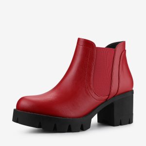 Lug Sole Chunky Heel Chelsea Ankle Boots Red/8.5 - Allegra K catalog