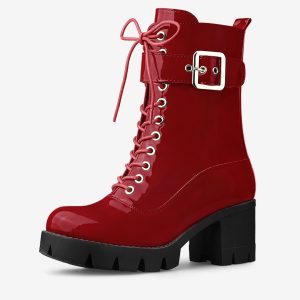 Zip Platform Chunky Heel Combat Boots Red/6 - Allegra K catalog
