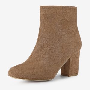 Faux Suede Round Toe Block Heel Zipper Ankle Boots Khaki/10 - Allegra K catalog