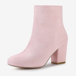 Faux Suede Round Toe Block Heel Zipper Ankle Boots Pink/8 - Allegra K catalog