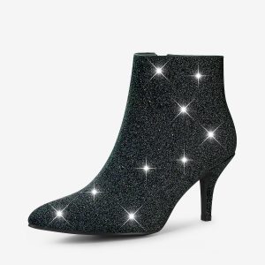 Glitter Pointed Toe Kitten Heel Zipper Ankle Boots Black/8 - Allegra K catalog