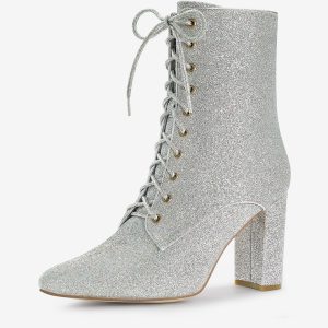 Glitter Pointed Toe Block Heel Halloween Ankle Boots Silver/9 - Allegra K catalog