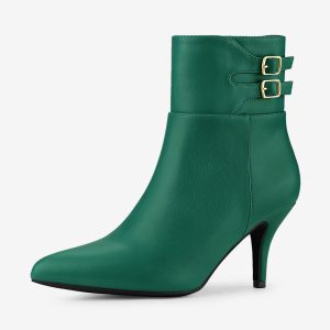 Pointed Toe Buckle Stiletto Heel Ankle Boots Green/5.5 - Allegra K catalog