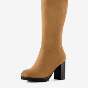 Faux Suede Mid Calf Block Heel Side Zipper Mid-Calf Boots Brown/10 - Allegra K catalog