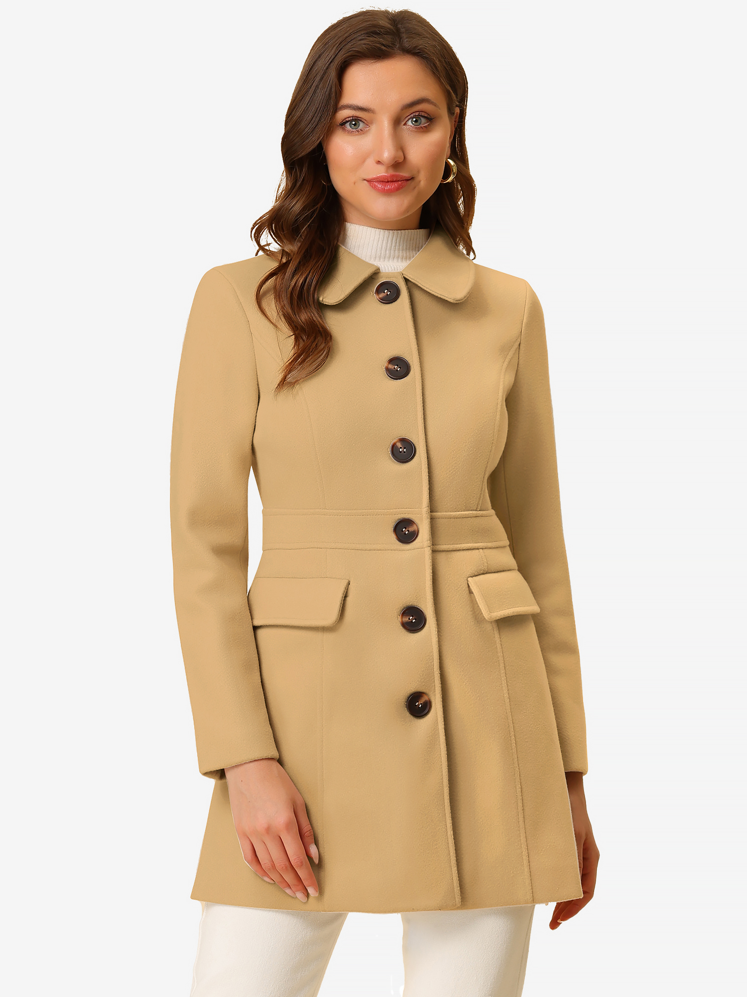 Peter Pan Collar Flap Pocket Single Breasted Button Long Coat Khaki/XS - Allegra K catalog