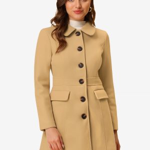 Peter Pan Collar Flap Pocket Single Breasted Button Long Coat Khaki/L - Allegra K catalog