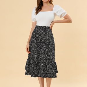 Chiffon Printed Elastic Waist Ruffle Tiered Flowy Midi Skirt Black-Heart/XL - Allegra K catalog